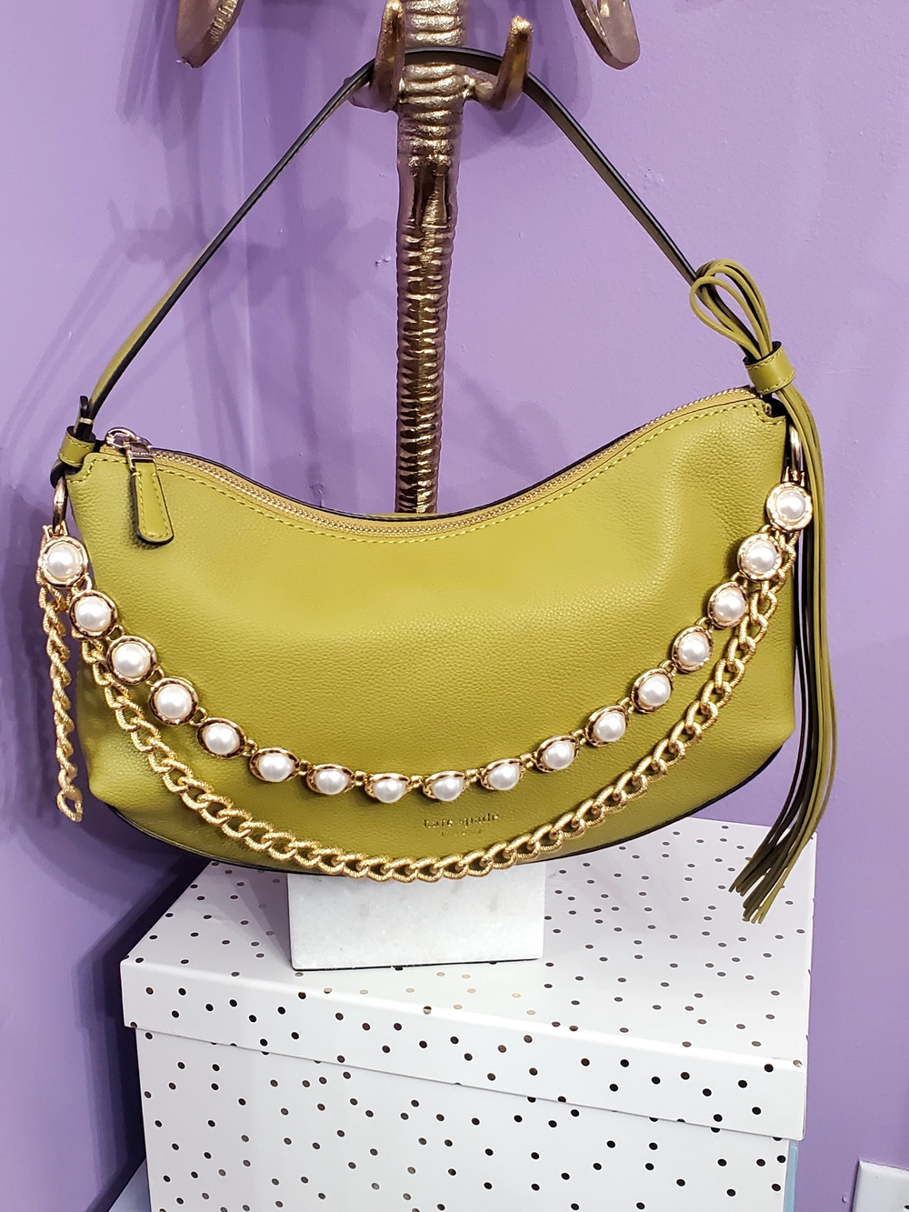 Olive Green Pearl-Trim Shoulder Bag